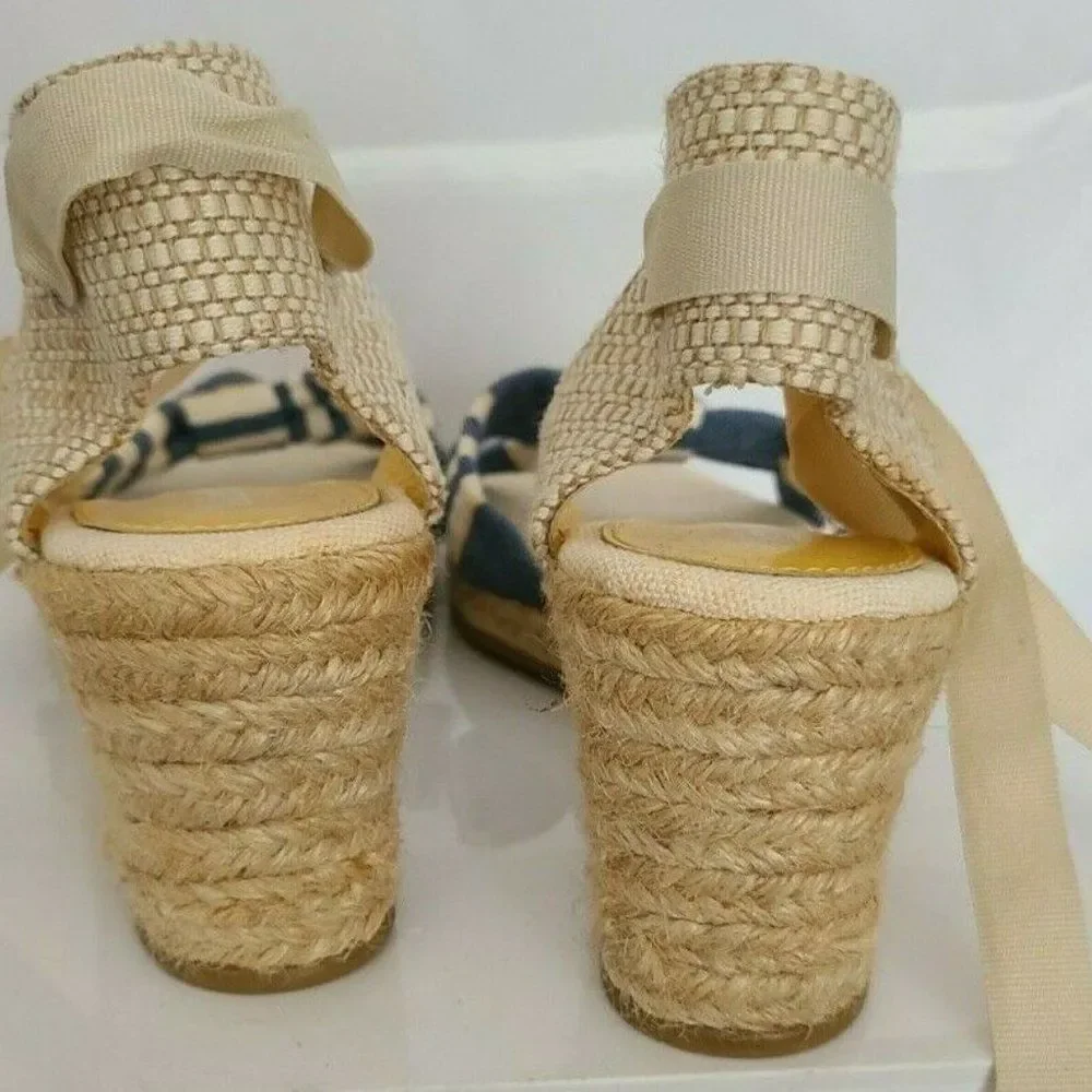 Michelle D Denim Striped‎ Espadrille Wedges Size 8M | Blue White Nautical Ribbon